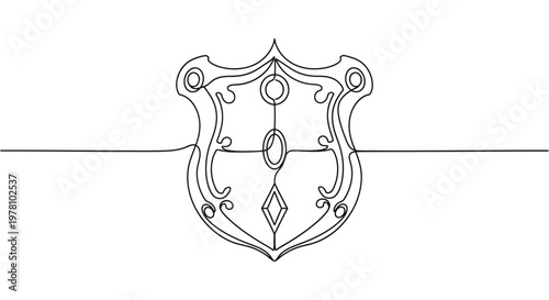 Continuous line drawing of an elegant ornate shield, ideal for minimalist branding, sophisticated logos, or modern graphic design. This abstract heraldic crest symbolizes protection and legacy.