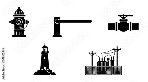 Vector icons representing fire hydrant, barrier, valve, lighthouse, and electrical substation. Ideal for public services, city planning, or industrial themes.