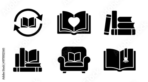 A collection of book and reading glyph icons including library stacks, open books with heart or bookmark, book exchange, and a reading armchair, suitable for literary and educational projects.