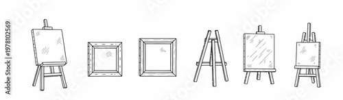 Hand drawn set of art studio essentials featuring blank canvases on easels and empty frames, perfect for painter workshop themes or hobby crafts.