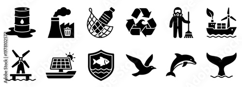 Collection of environmental icons representing pollution, marine life, renewable energy, and conservation for ecofriendly concepts.