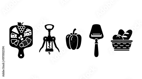 A collection of kitchen and food related solid black icons including a charcuterie board, corkscrew, bell pepper, cheese slicer, and bread basket for culinary designs.