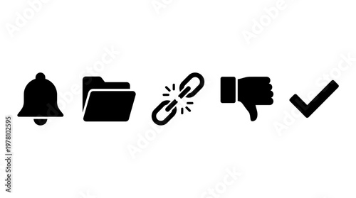 A set of fundamental black glyph icons depicting common actions and states for modern digital interfaces and user experience.