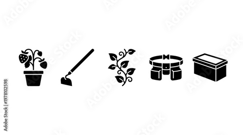 Set of glyph icons representing gardening tools and plants, suitable for horticulture websites, agricultural applications, and educational content about planting and growing.
