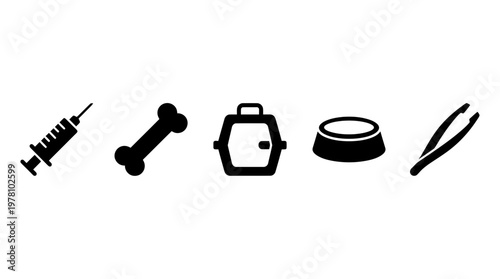 Essential pet care and veterinary supplies icons for animal health, wellness, and clinic services. Ideal for promotional materials and educational resources.