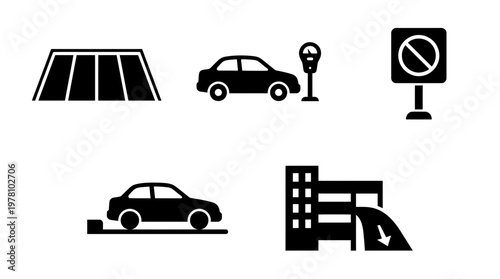 Icons for parking spaces, car with meter, no parking sign, car by curb, and multistory garage for automotive and urban planning concepts.