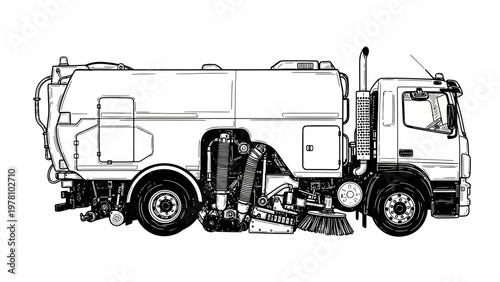 Line drawing of a street sweeper truck with visible mechanical components for road and urban cleaning operations.