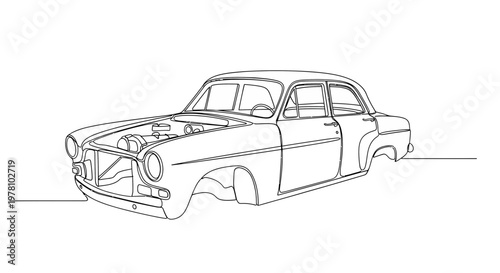 Monoline illustration of an old sedan undergoing maintenance or customization, featuring an open engine compartment, ideal for mechanic or automotiverelated content.