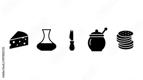 Black silhouette icons depicting cheese, a wine decanter, cheese knife, honey pot, and crackers, ideal for foodthemed designs, menus, or culinary applications.