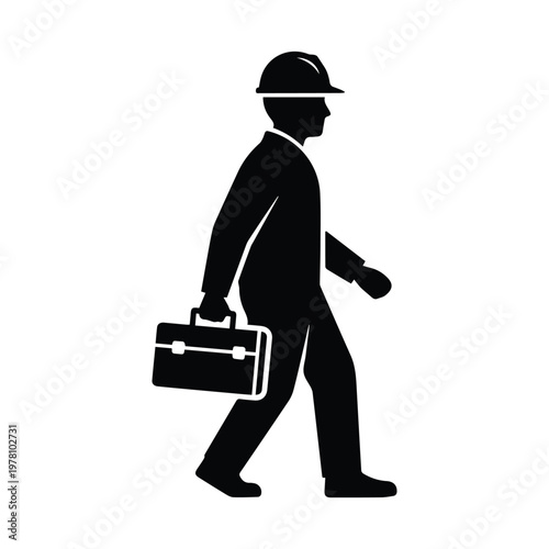 Construction worker walking with tool box icon for building site personnel and industrial labor service