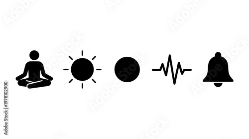 Essential black icons representing relaxation, light, dark, rhythm, and alert for various digital projects and applications.