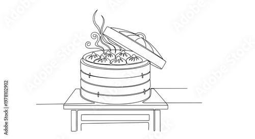 Minimalist continuous line art depicting hot dumplings steaming in a bamboo basket, ideal for culinary themes, restaurant branding, or foodrelated designs.