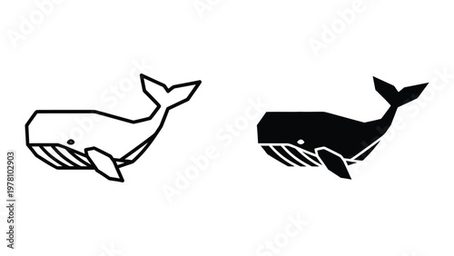 Contrast between a line drawing whale and a filled whale silhouette in black and white