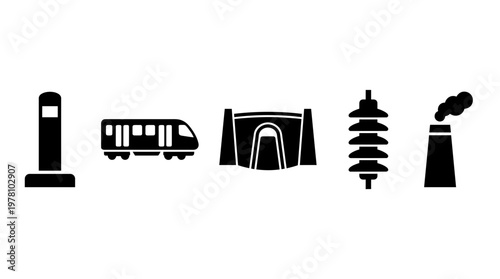 A set of black silhouette icons representing modern infrastructure elements, including transportation, power, and industrial facilities, useful for various graphic projects.