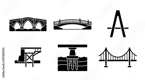 Vector icon set showcasing various bridge designs, including arch, suspension, pedestrian, and construction components, suitable for engineering, architectural, and transport related projects.