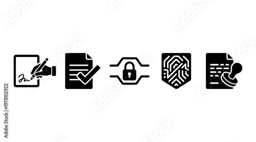 Set of secure documentation icons including digital signature, verified approval, data protection, biometric authentication, and official certification for digital processes.