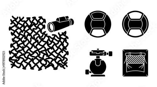 Solid glyph icons for outdoor adventures and photography, featuring a camouflage net, monocular, lens caps, tripod head, and camping hammock, perfect for web or print applications.