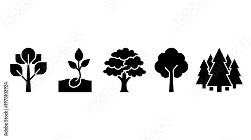 Five black glyph icons of trees and a seedling, representing natural growth, environment, and ecological themes. Ideal for ecofriendly graphics and sustainable projects.