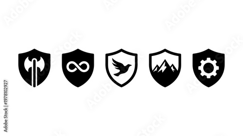 Set of shield icons symbolizing security, peace, strength, and nature. Ideal for corporate branding, app development, and various digital protection concepts.