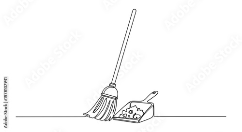 Minimalist oneline drawing of a broom and a dustpan with collected dirt, symbolizing housekeeping and order, suitable for various design projects.