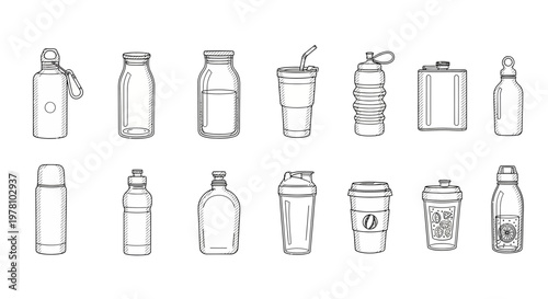 Hand drawn collection of various reusable bottles, tumblers, and cups, perfect for promoting sustainable hydration, ecofriendly living, and zero waste concepts.
