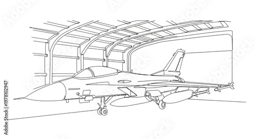 Outline drawing of a powerful fighter jet aircraft inside a hangar, ideal for educational materials, defense topics, and military technology graphics.