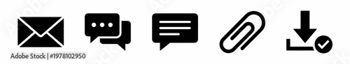 Set of vital black glyph icons for digital interfaces, representing email, chat, attachment, and completed download actions, perfect for web and app design.