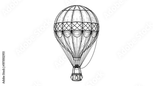 Classic hot air balloon drawing evokes vintage adventure and exploration ideal for decorative prints and travel themed graphics.