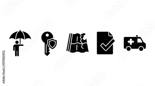Set of glyph icons representing various aspects of insurance, safety, security, and emergency services, ideal for professional presentations and policy documents.