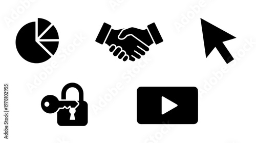Versatile set of black glyph icons for web, app, and presentation design. Featuring data chart, handshake, cursor, padlock key, and video play button for various digital functionalities.