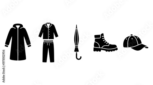 A versatile set of glyph icons showing apparel and weather accessories like a raincoat, pajamas, umbrella, boot, and cap, useful for web and print graphics.