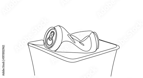 Minimalist depiction of a crushed aluminum can on a bin, conveying themes of recycling, environmental protection, and waste reduction for green initiatives.