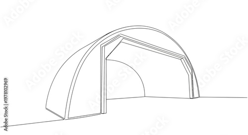 Minimalist outline drawing of an arched shelter or quonset hut with an open front, ideal for illustrating architectural concepts and basic building structures.