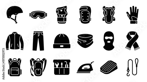 Diverse glyph icons representing protective gear, winter apparel, outdoor essentials, and tools. Perfect for modern graphic design and digital projects.