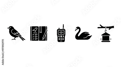This icon set features essentials for bird watching, including different bird types, field notebook, radio, and feeder. Ideal for educational and naturethemed content.