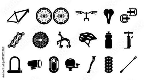 Comprehensive set of silhouette icons showcasing essential bicycle parts and accessories like frame, wheels, gears, helmet, and pump. Ideal for cycling guides, manuals, and sport designs.