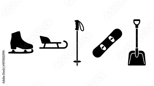 Collection of essential winter sports gear and a snow shovel, ideal for seasonal activity symbols, outdoor recreation, and snow management graphics.