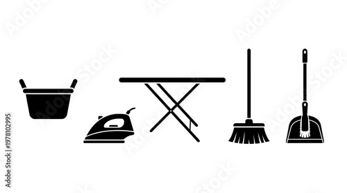 Vector set of common household chore equipment including laundry basket, iron, ironing board, broom, and dustpan, useful for home care, cleaning service promotions, and domestic living themes.