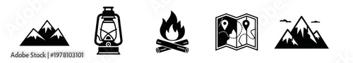 Collection of outdoor and camping icons featuring mountains, lantern, campfire, and map, perfect for web, print, and mobile applications requiring nature themes.