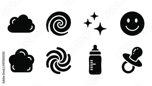 A collection of simple black silhouette icons depicting weather celestial objects and baby related items high quality professional detailed modern elegant