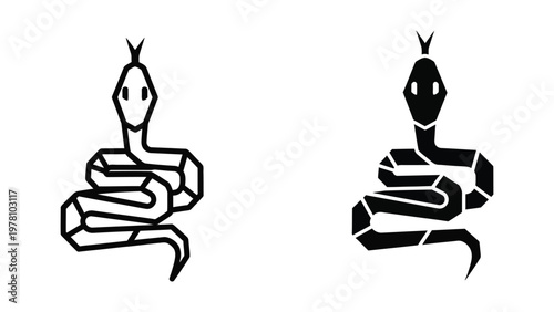 Contrasting stylized snake illustrations in minimalist and bold black silhouettes