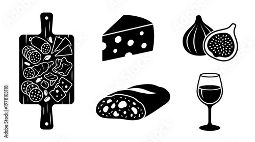 Collection of gourmet food and drink icons featuring charcuterie board, cheese, figs, wine, and bread, ideal for restaurant menus or culinary projects.