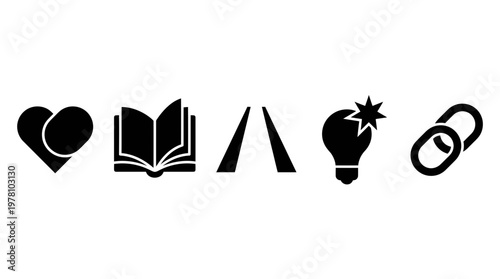 Simple black glyph icons representing love, learning, direction, ideas, and linking concepts, ideal for modern presentations, infographics, and content creation.