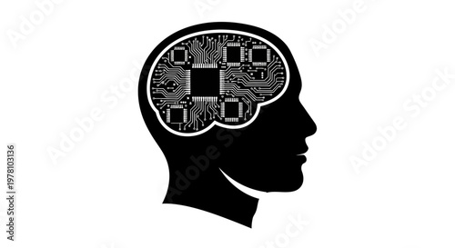 Human head profile silhouette with an electronic circuit board inside, symbolizing artificial intelligence, machine learning, modern technology, and innovative digital thinking for future concepts.