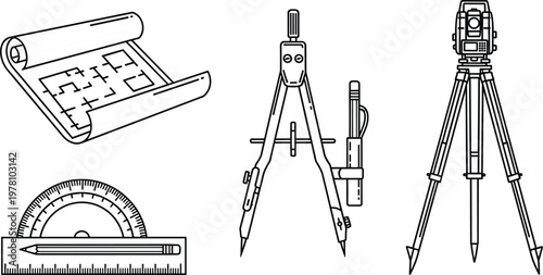 Architectural Planning and Drafting Icons, Technical Engineering Measurement Tools, isolated