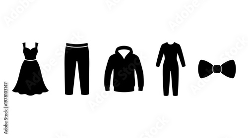 Collection of black clothing silhouettes including a dress, pants, hoodie, long sleeve shirt, and bow tie, ideal for fashion themes, wardrobe choices, or apparel retail concepts.
