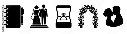Collection of wedding themed icons including couple, ring, arch, notebook, and kiss for celebration and event projects.