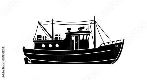 Silhouette of a traditional fishing boat. Vector graphic for maritime logos, transportation icons, or nautical themes in various commercial applications.