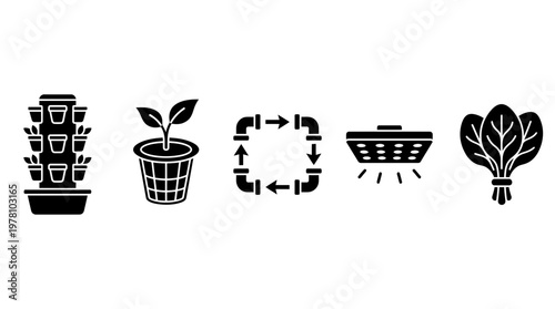 Glyph icons depicting hydroponic agriculture processes including vertical garden, seedling, nutrient cycle, grow light, and harvested greens, useful for farming technology.