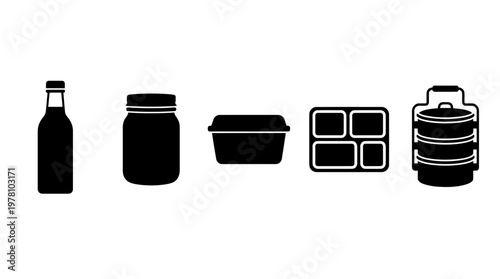 Silhouettes of reusable food and drink containers, including bottle, jar, rectangular box, bento, and tiffin, perfect for meal prep and sustainable lifestyle promotion.